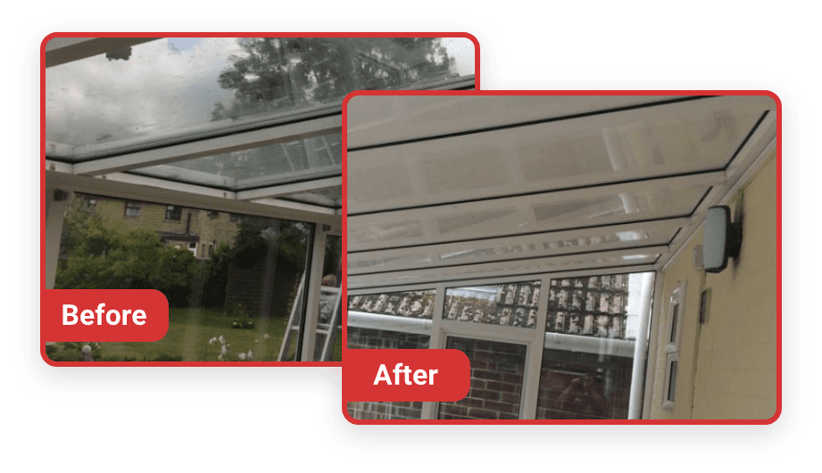 a before and after picture of a patio awning conservatory roof replacement