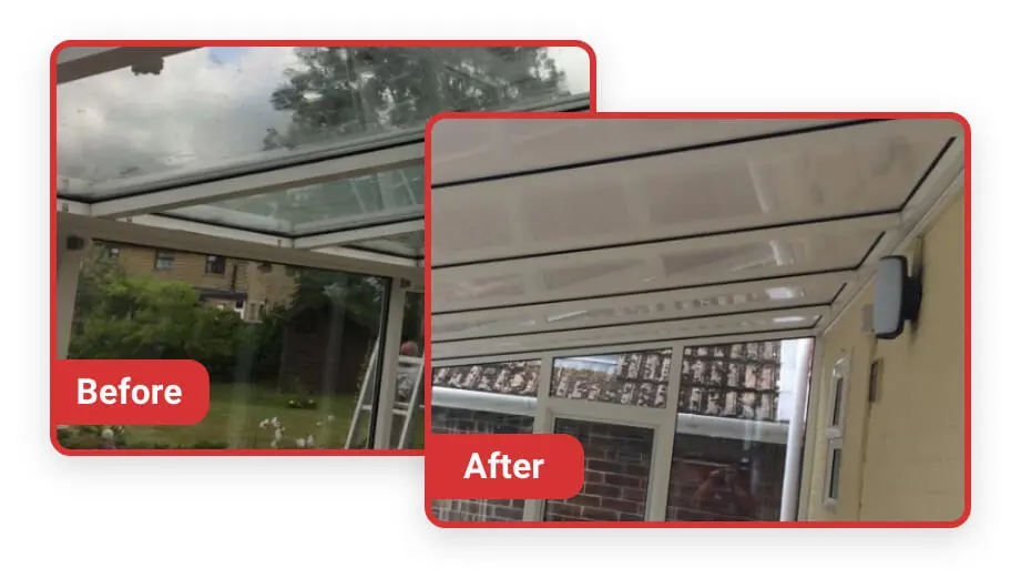 a before and after picture of a patio awning with conservatory roof insulation