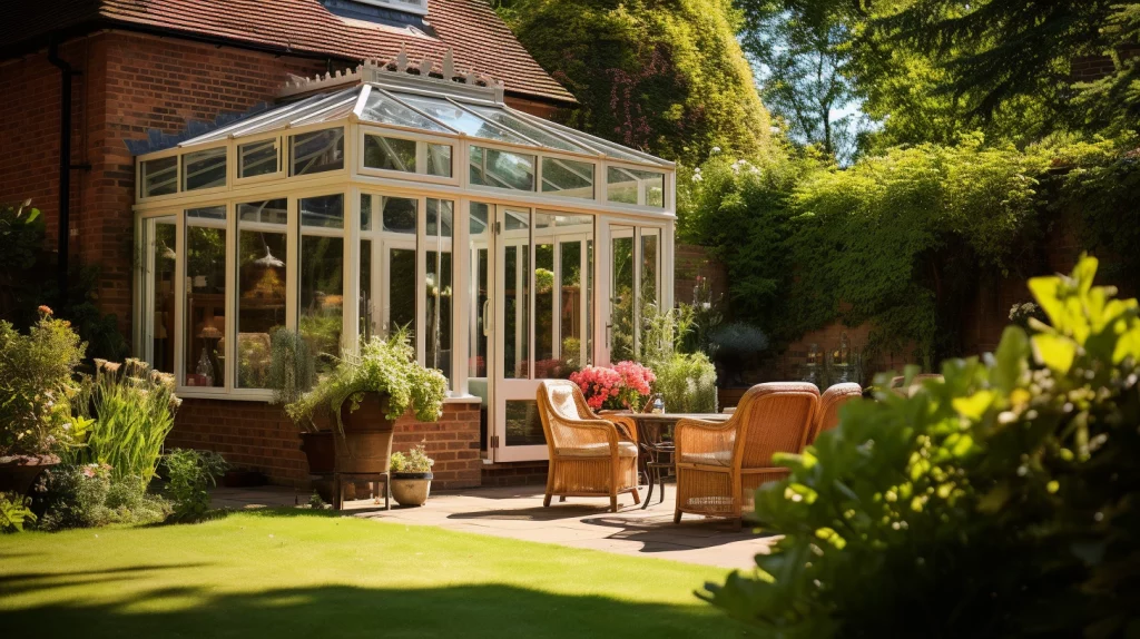 Conservatory in the sun from the view of a british garden